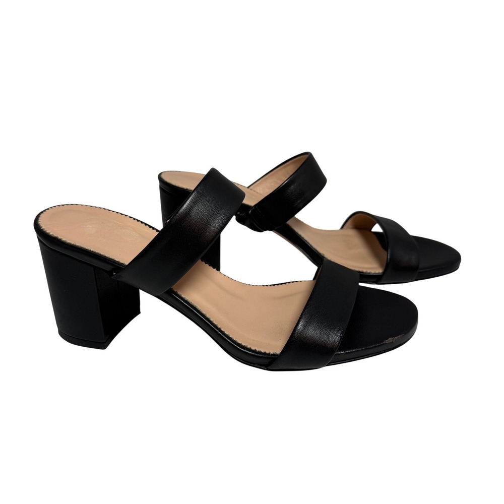 J.Crew Leather Double Strap Block Heel Mule Sandals Black Minimalist Size 8